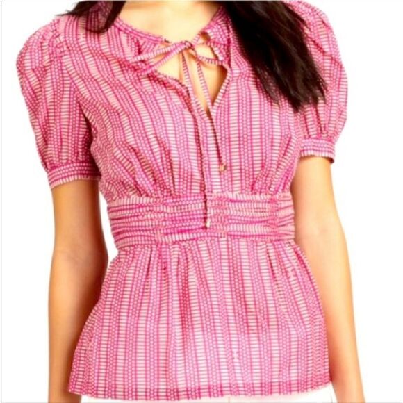 Tory Burch Ruth Wild Orchard Blouse Short Sleeve Top Pink Fuchsia 10 - Picture 1 of 14